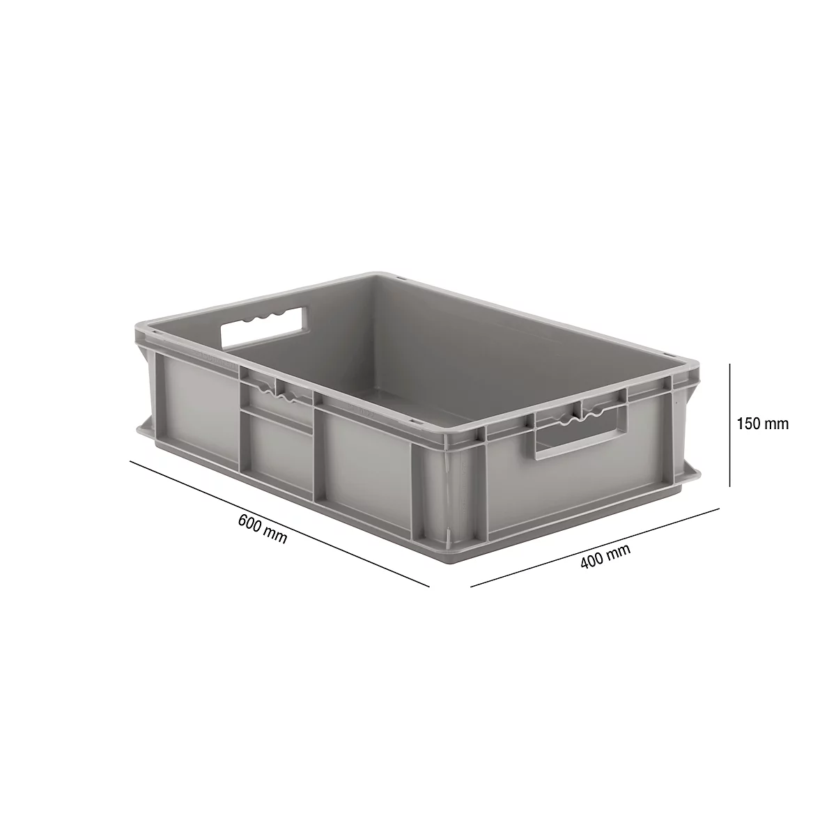 Gray plastic crate, dimensions: 600 x 400 x 150 mm, with side handles.