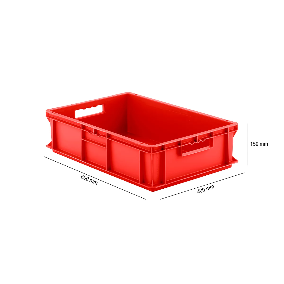 Red plastic box with handles, 600x400x150 mm. On white background.