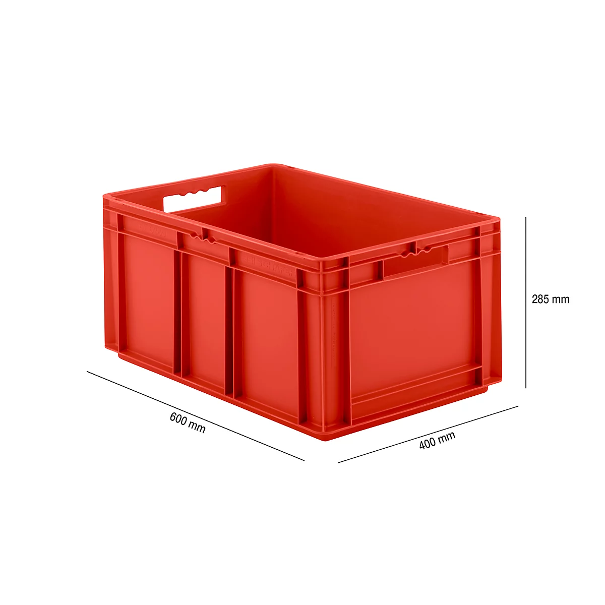Red plastic crate with handles. Dimensions: 600 x 400 x 285 mm.