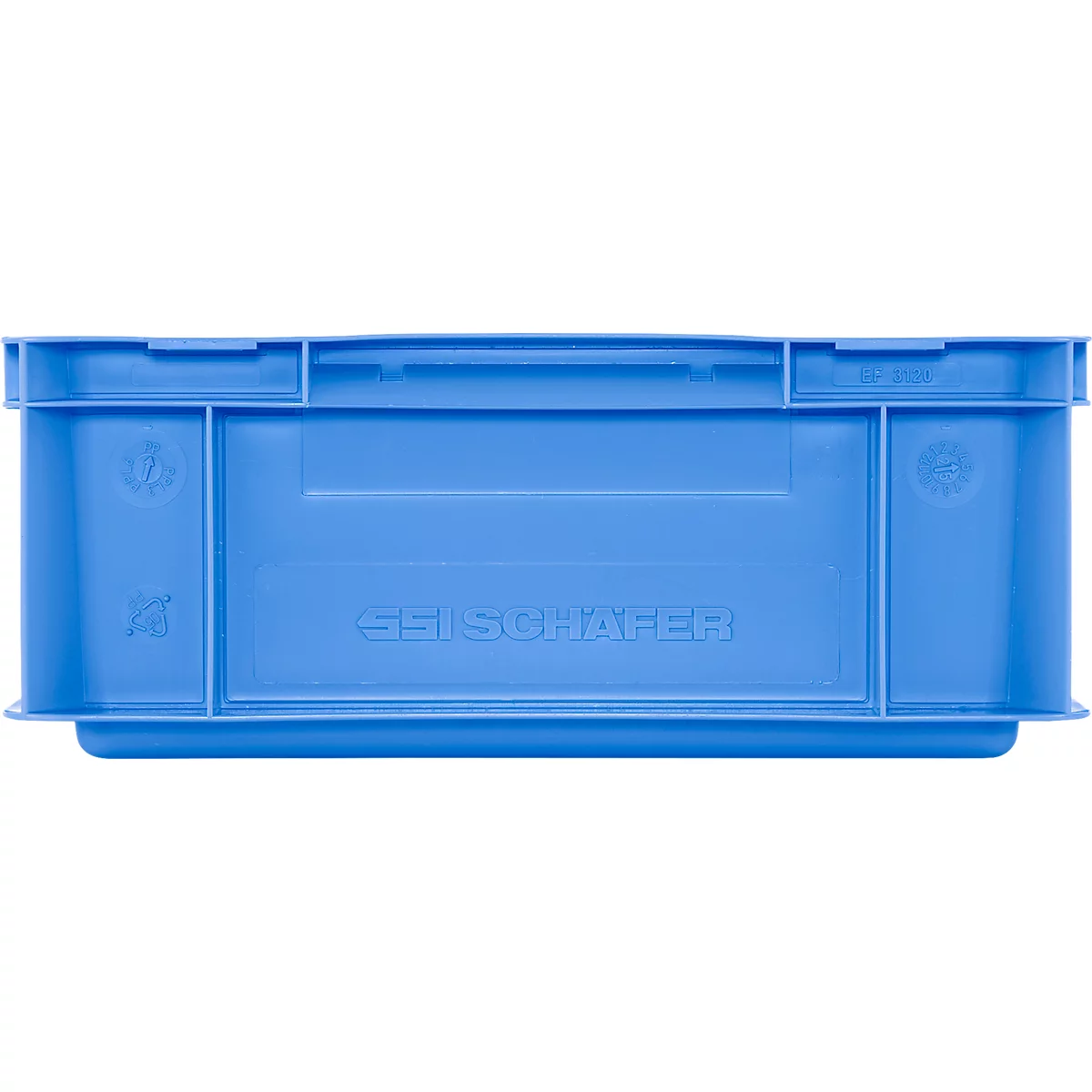 Blaue Kunststoffbox mit dem Schriftzug "SSI SCHÄFER".