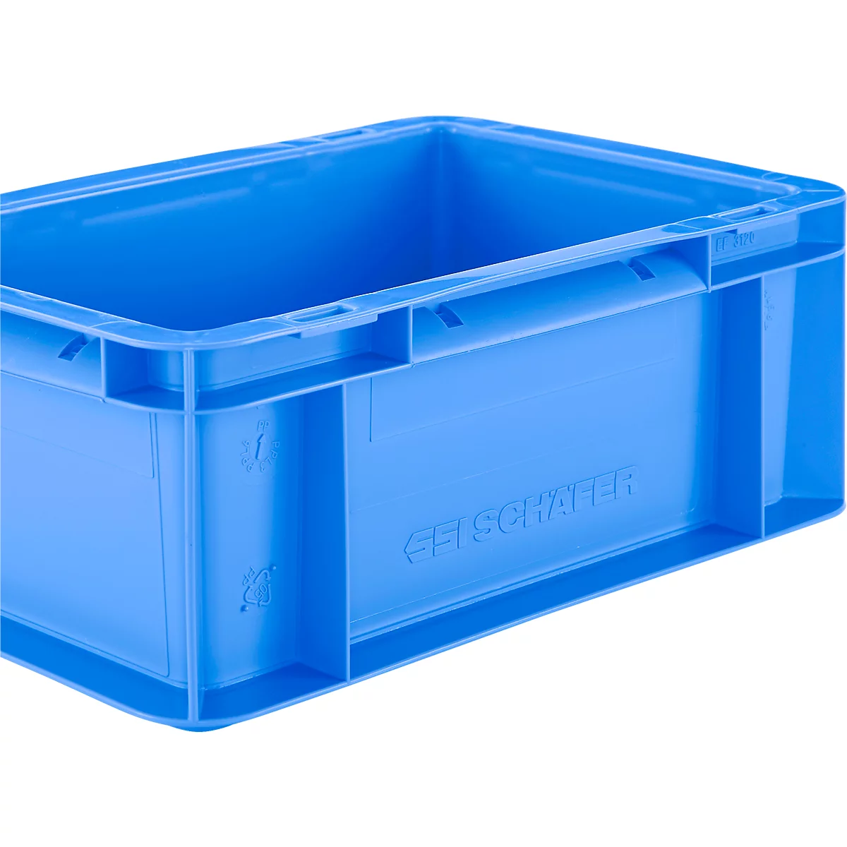 Blaue Kunststoffbox mit abgerundeten Ecken. Auf der Seite ist der Name "SCHÄFER" eingeprägt.