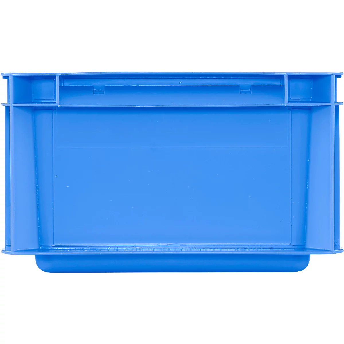 Bovenaanzicht van een lichtblauwe plastic doos. Rechthoekige vorm, glad oppervlak, licht afgeronde hoeken.