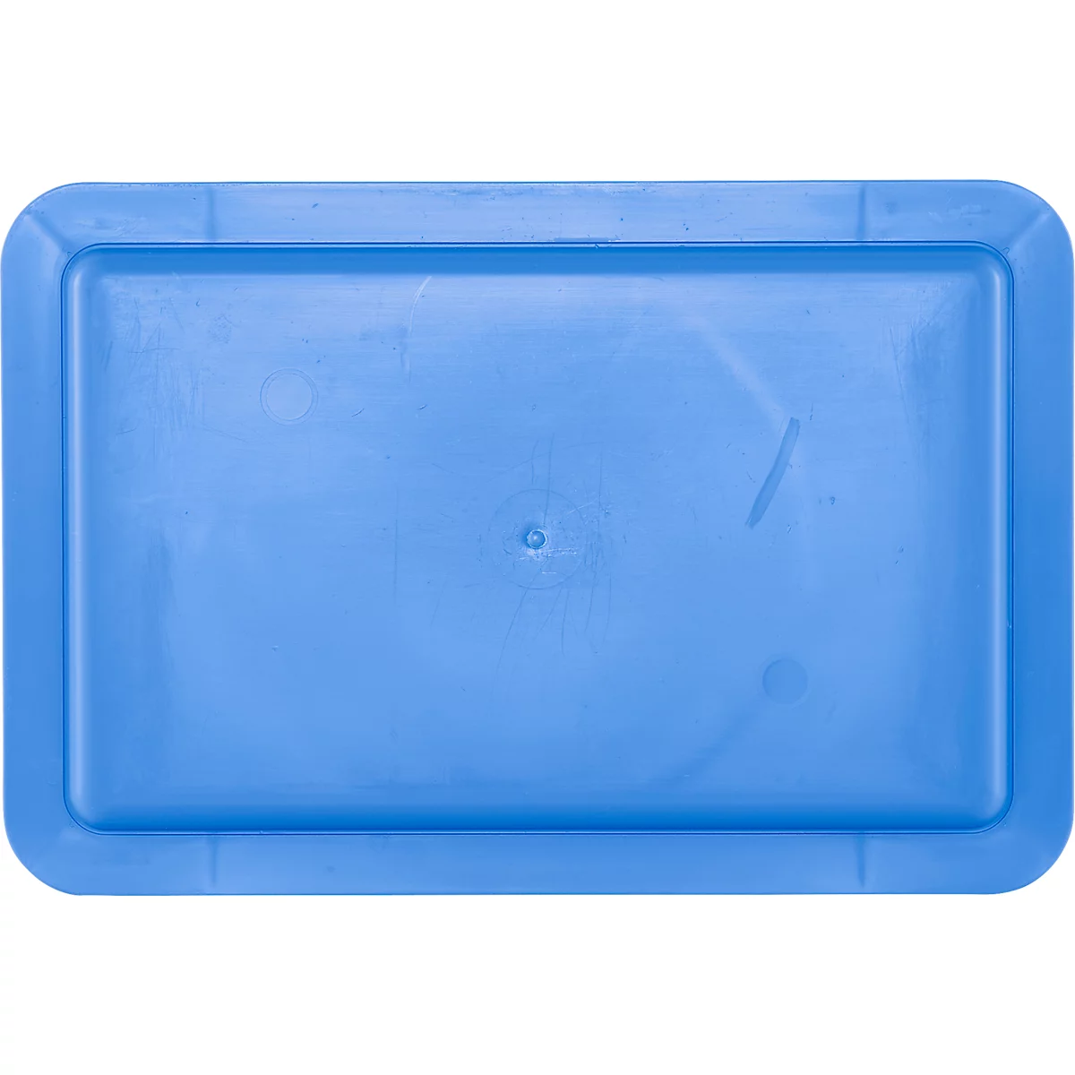 Couvercle rectangulaire bleu, avec des coins arrondis et un bord légèrement surélevé.
