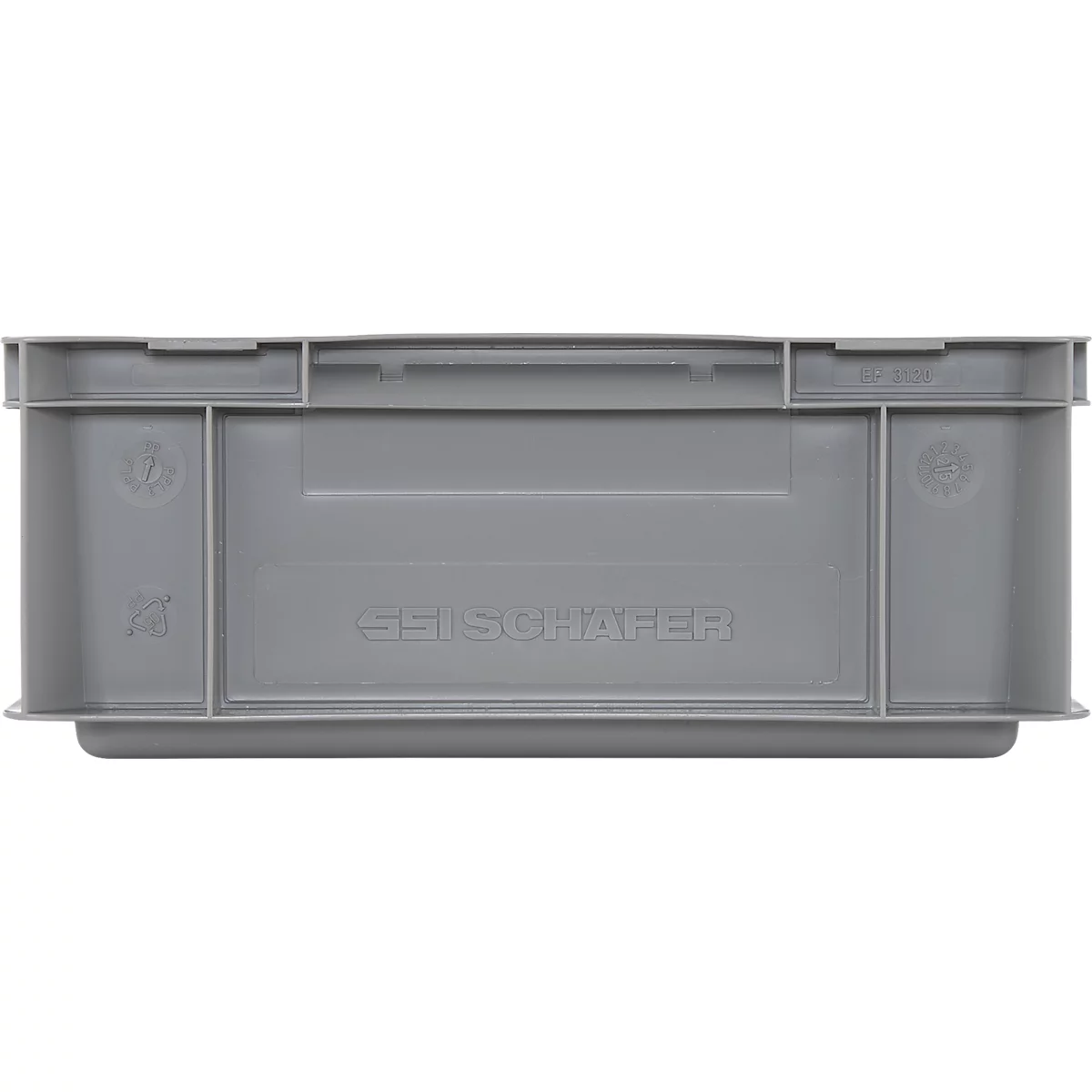 Boîte en plastique grise avec poignées et gaufrage. Le devant indique "SSI SCHÄFER".