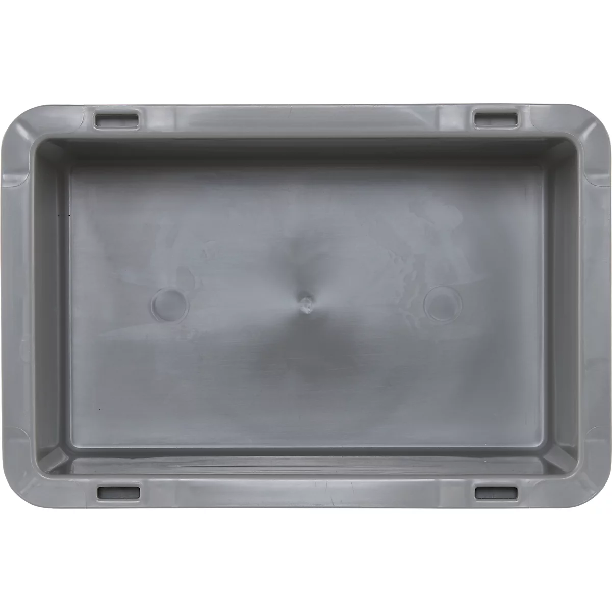 Boîte en plastique rectangulaire grise avec des coins arrondis et des poignées encastrées sur les côtés.