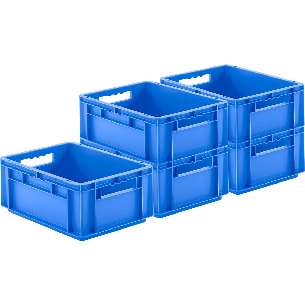 Drie blauwe plastic dozen. Twee zijn op elkaar gestapeld, een staat ernaast, een derde doos ervoor.