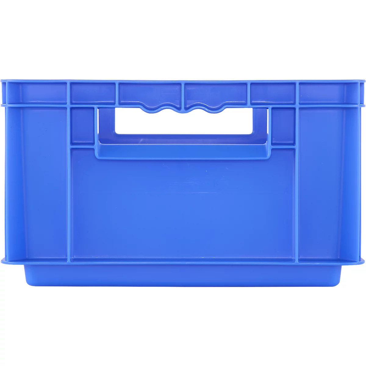 Blauwe plastic krat met handvat; vooraanzicht, op een neutrale achtergrond.