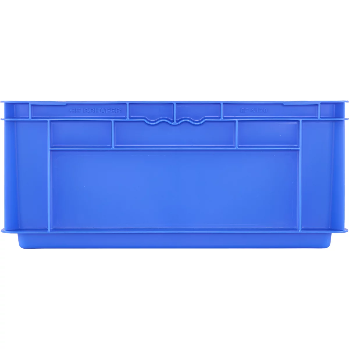 Blauwe plastic krat met een verzonken handgreep in het midden. Tekst: MADE IN ...