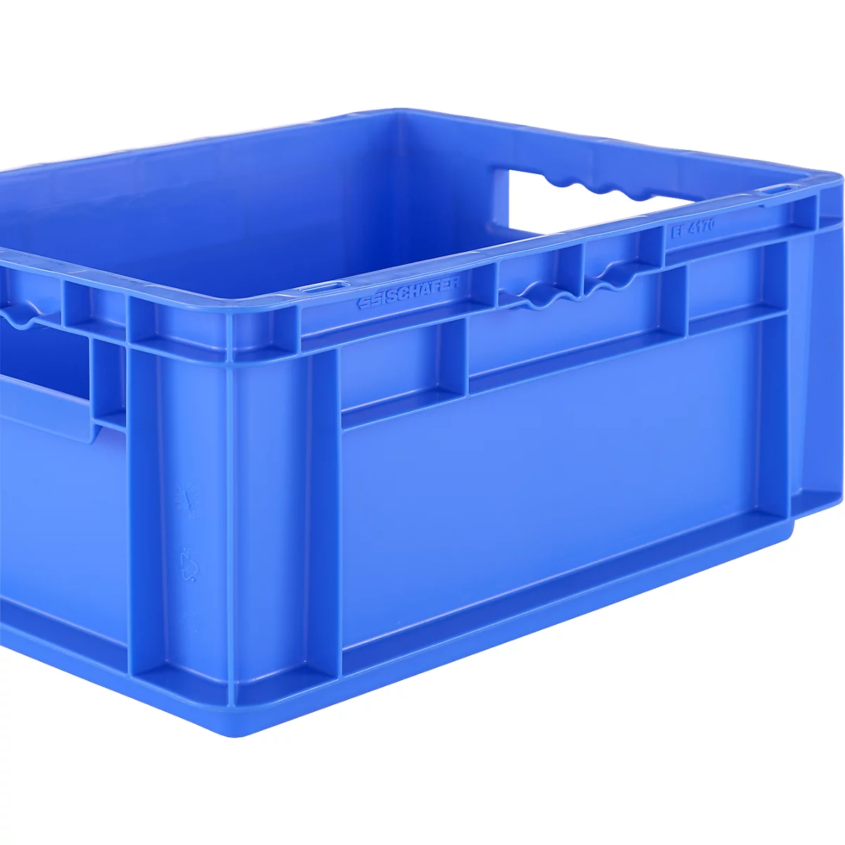 Blauwe plastic krat met handvatten en verstevigde randen.