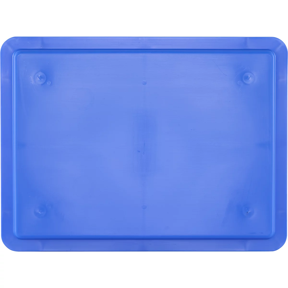 Plateau en plastique bleu, rectangulaire avec coins arrondis et points de vis.