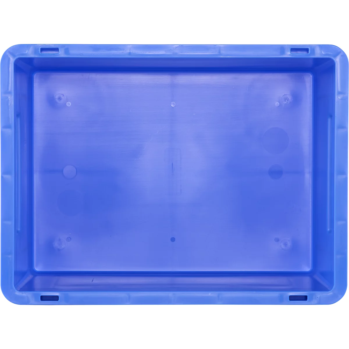 Bac en plastique bleu, photographié d'en haut. Boîte vide, sans contenu.