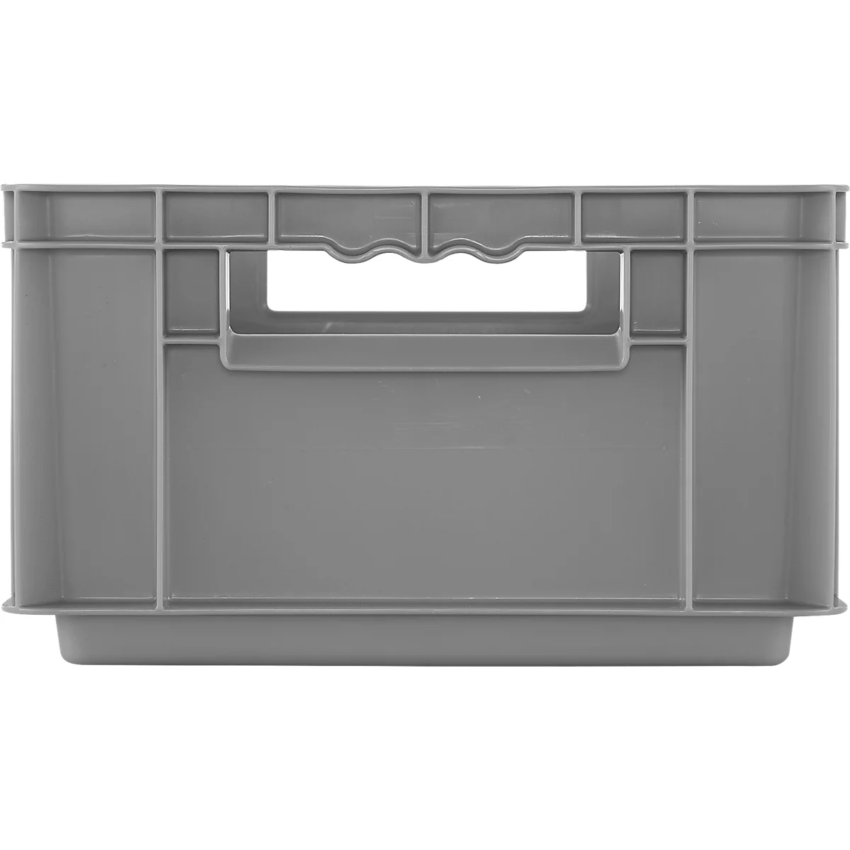 Boîte en plastique grise avec trou de poignée, vue de face.