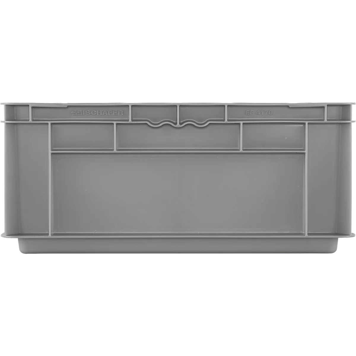 Boîte en plastique grise, rectangulaire avec encoches de poignée et nervures verticales.