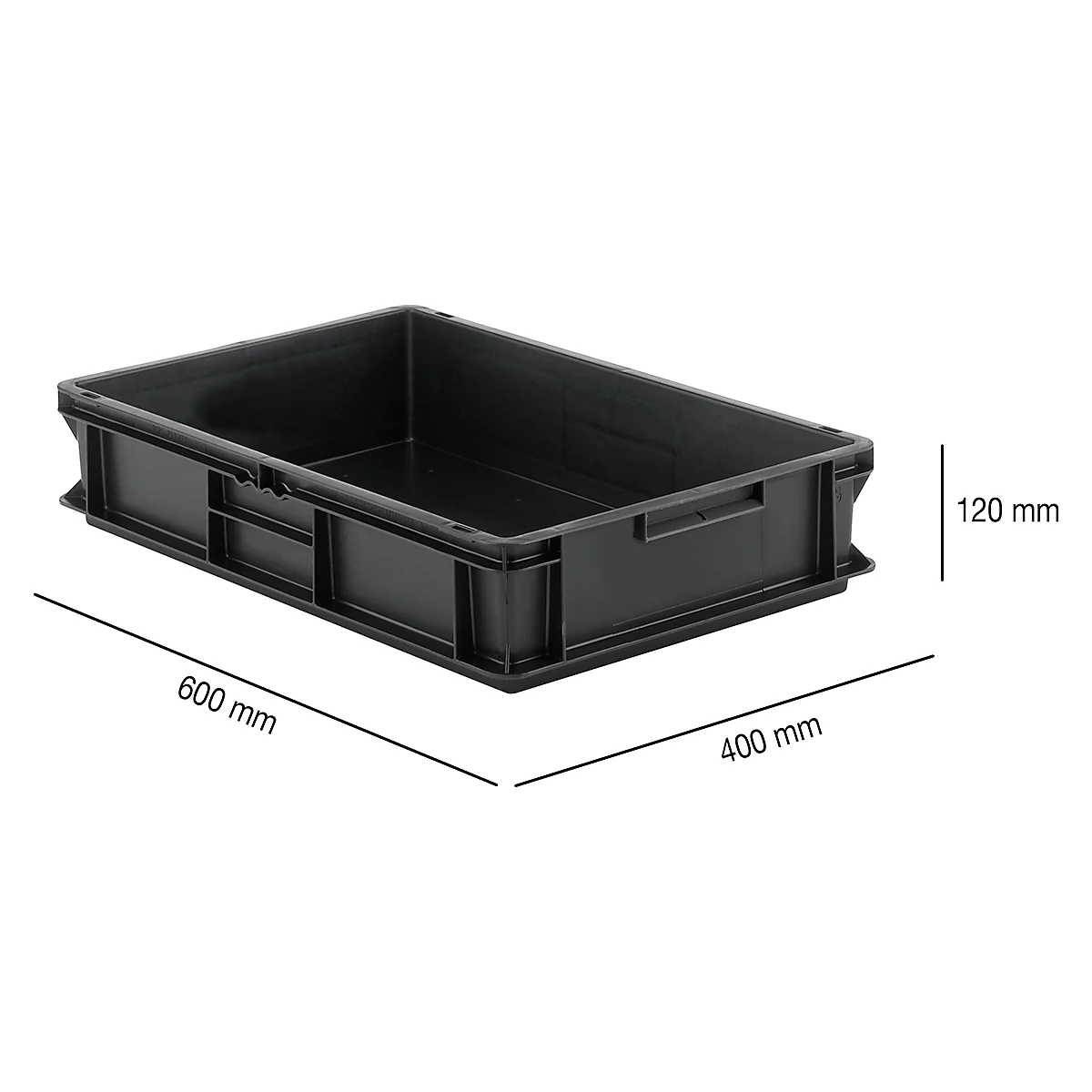 Euro Box SSI Schäfer EF 6120, 23,2 l, Traglast bis 20 kg, Euronorm, stapelbar, Unterfassgriff, L 600 x B 400 x H 120 mm, leitfähiges PP, schwarz