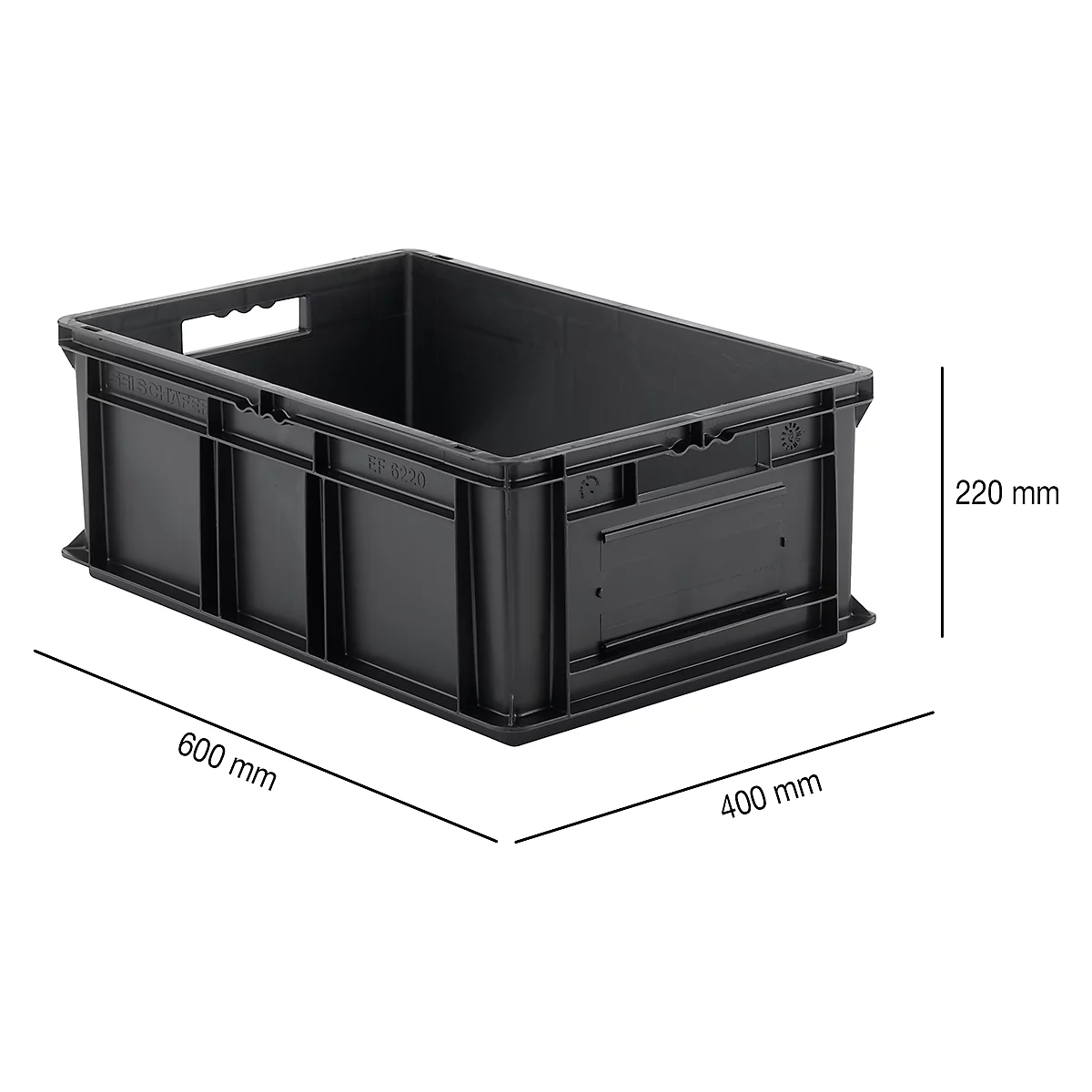 Euro Box SSI Schäfer EF 6220, 43,5 litros, capacidad de carga hasta 20 kg, norma Euro, apilable, asa pasante, L 600 x A 400 x A 220 mm, PP conductivo, negro