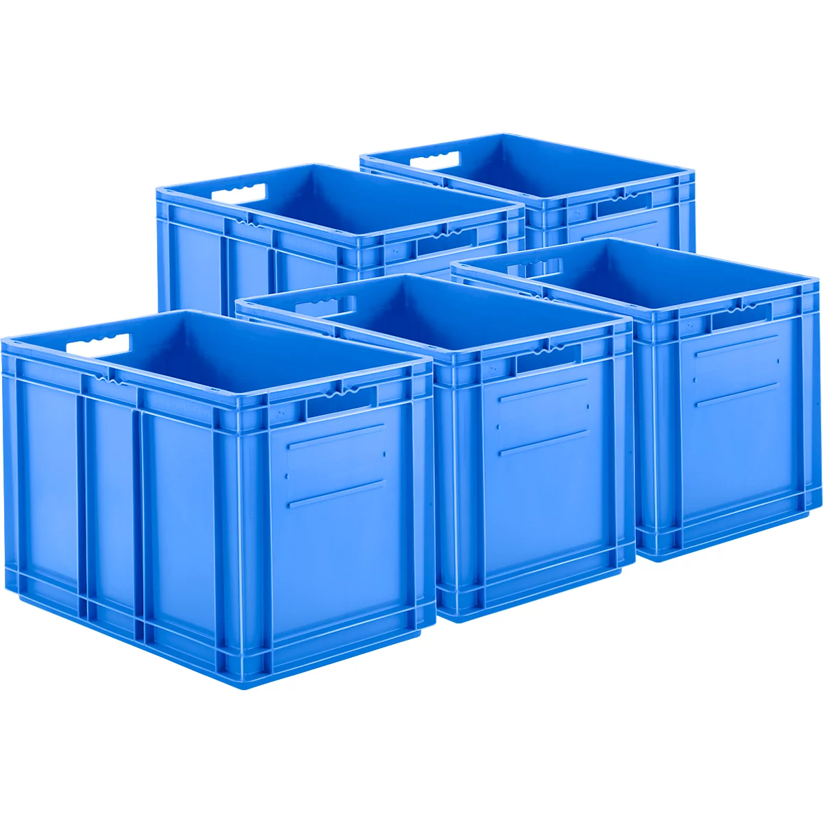 Sechs blaue Lagerboxen in verschiedenen Winkeln vor weißem Hintergrund.