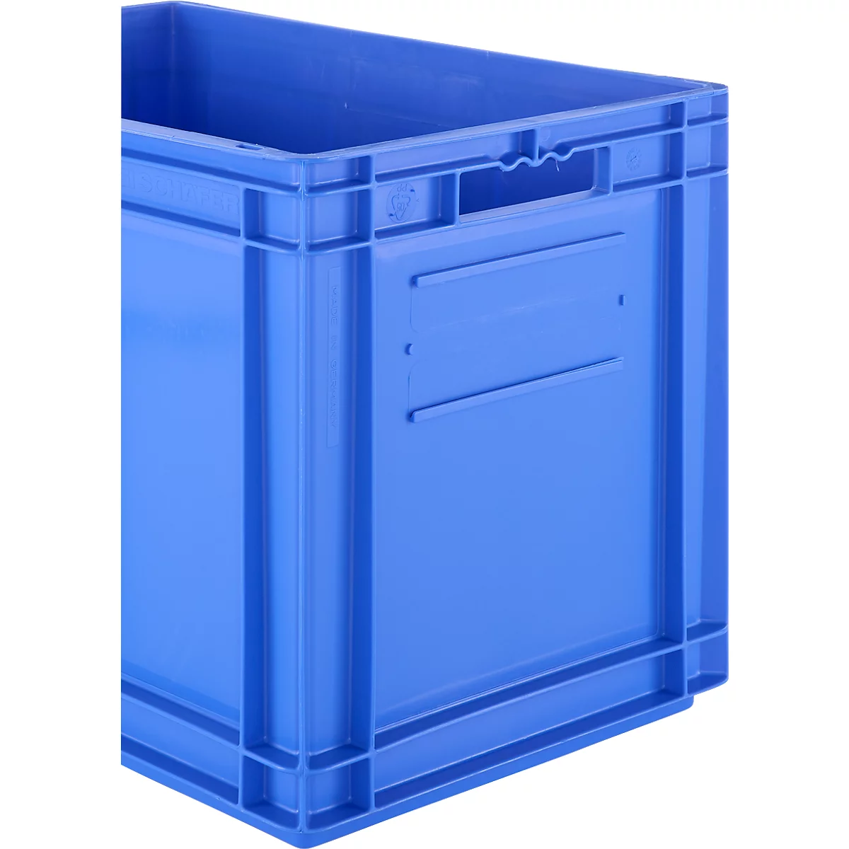 Hellblaue Kunststoffbox mit Griffmulde und glatten Seiten.