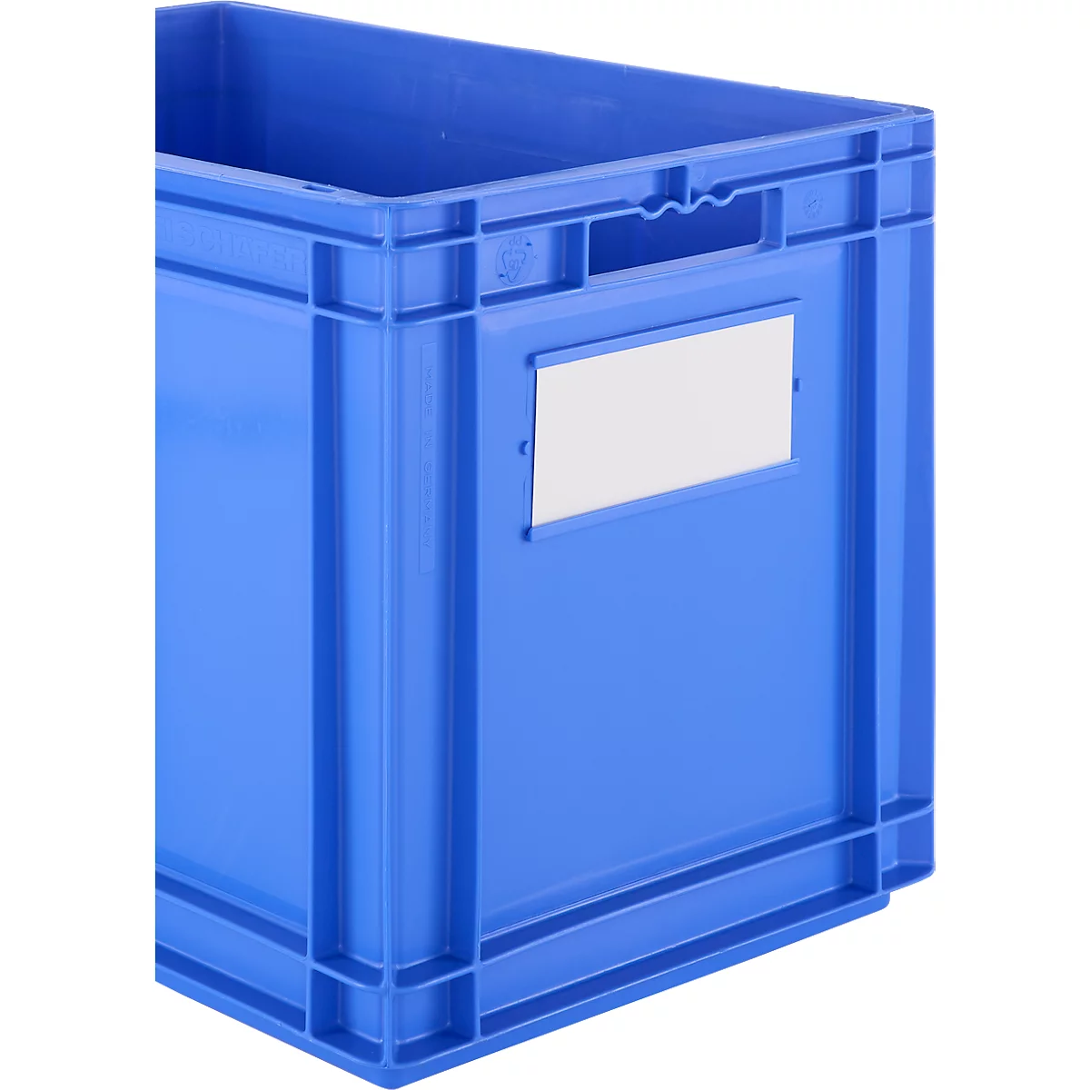 Blaue Kunststoffbox mit Etikett, Griffmulde und Verstrebungen.