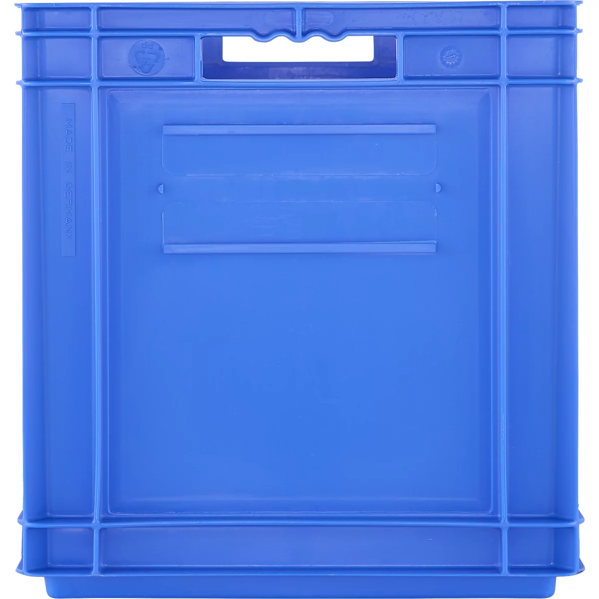 Blaue Kunststoffkiste mit Griff. Rechteckige Form, geriffelte Seiten, zwei horizontale Streifen.