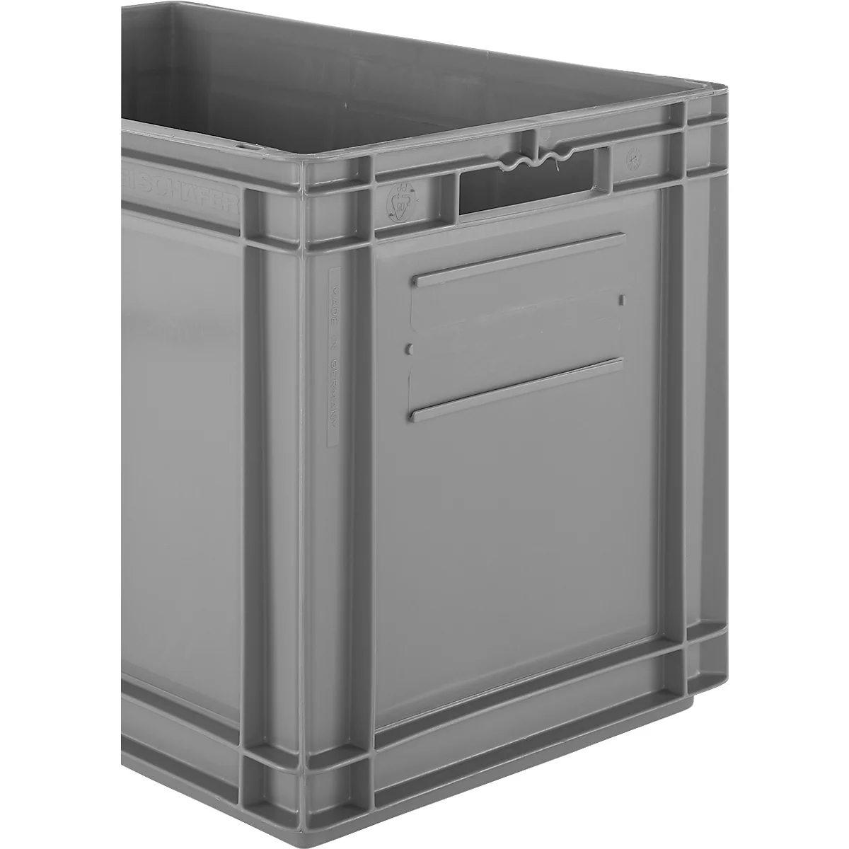 Graue Kunststoffbox mit Griff und Rippenstruktur, Detailansicht.