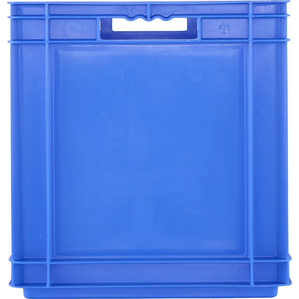Boîte en plastique bleu avec trou de poignée en haut. Forme rectangulaire, cadres renforcés.
