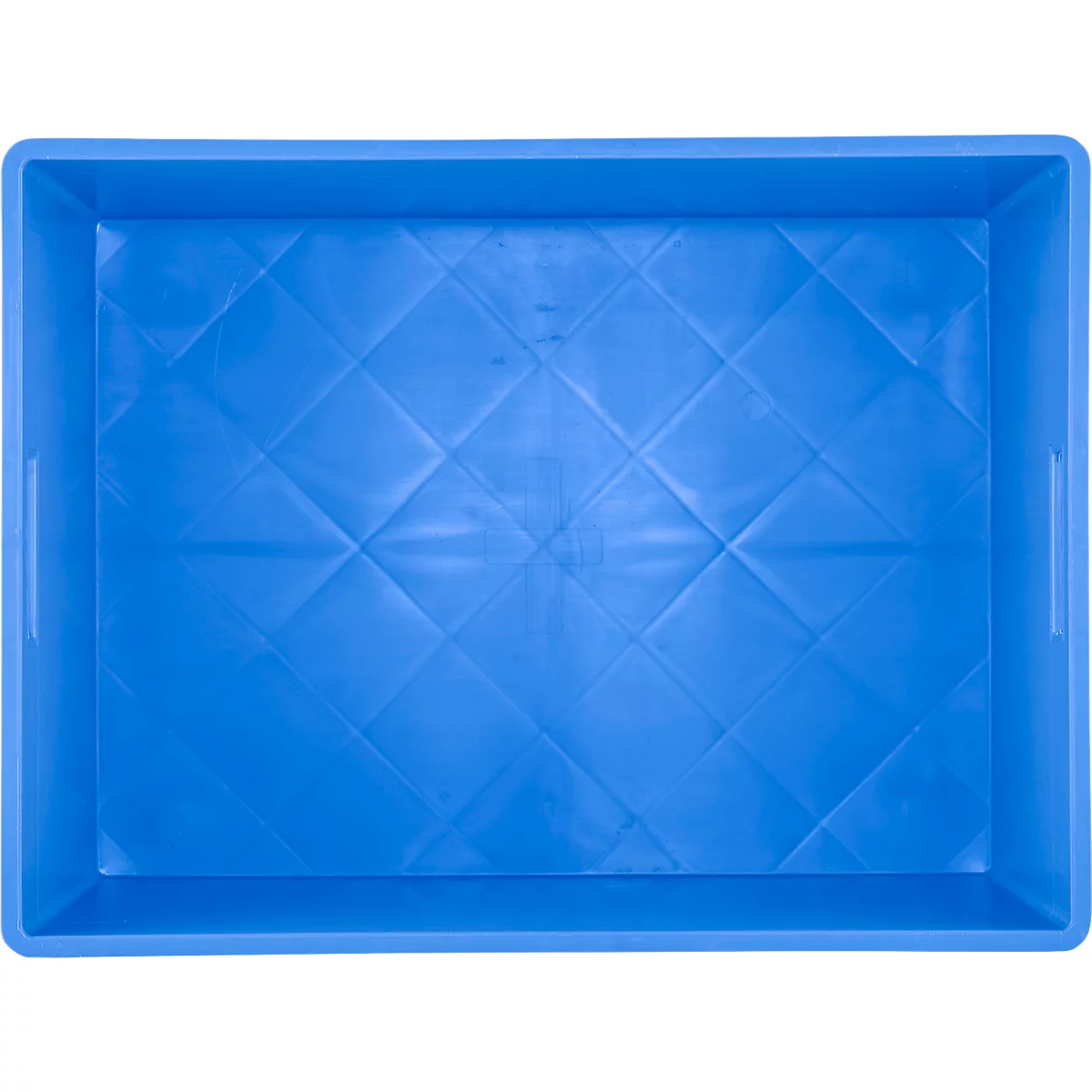 Bac en plastique bleu avec motif en losanges. Rectangulaire avec des renfoncements pour les poignées sur les côtés.