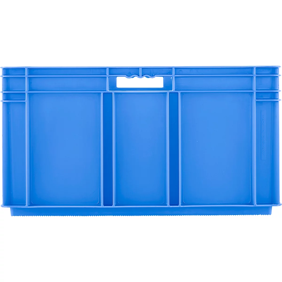 Caisse en plastique bleue avec poignée. Divisée en trois compartiments.