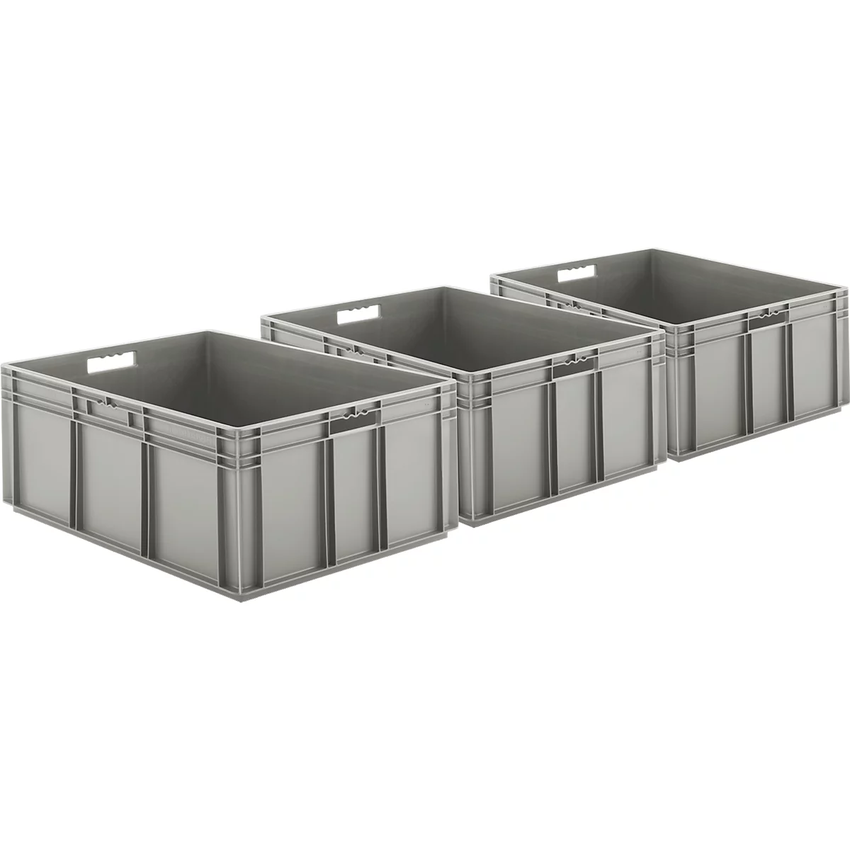 Trois boîtes en plastique grises avec poignées, disposées côte à côte.