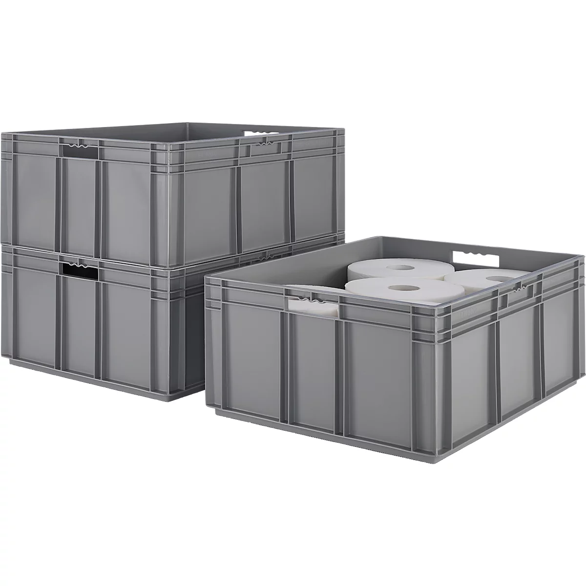 Boîtes en plastique grises, partiellement remplies, empilées.