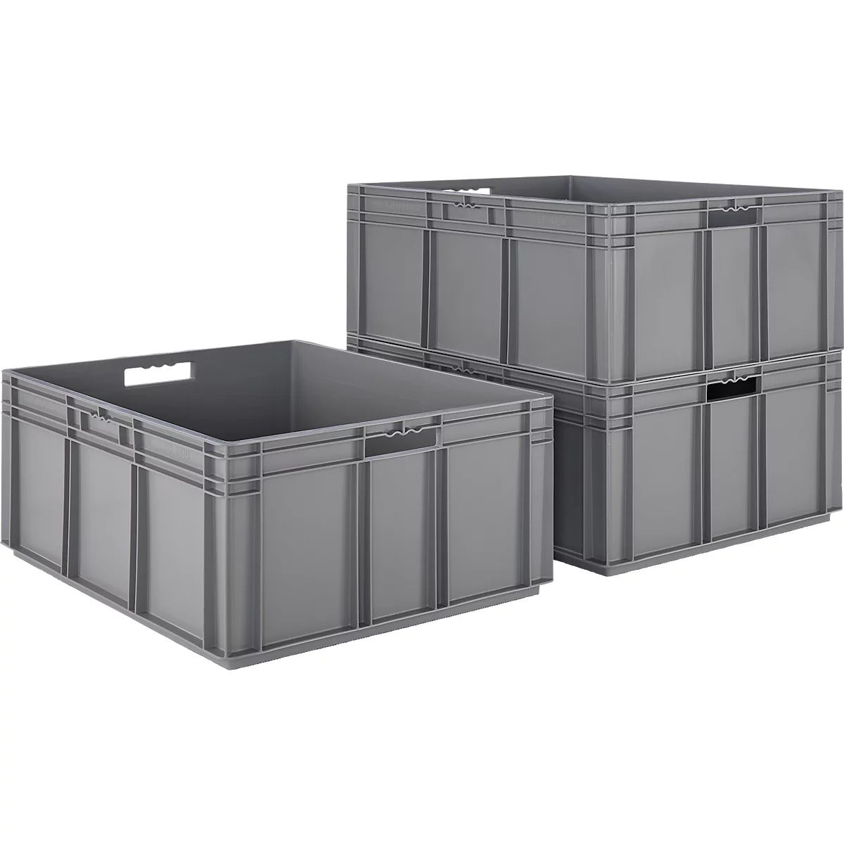 Graue Kunststoffboxen, eine daneben, eine gestapelt.