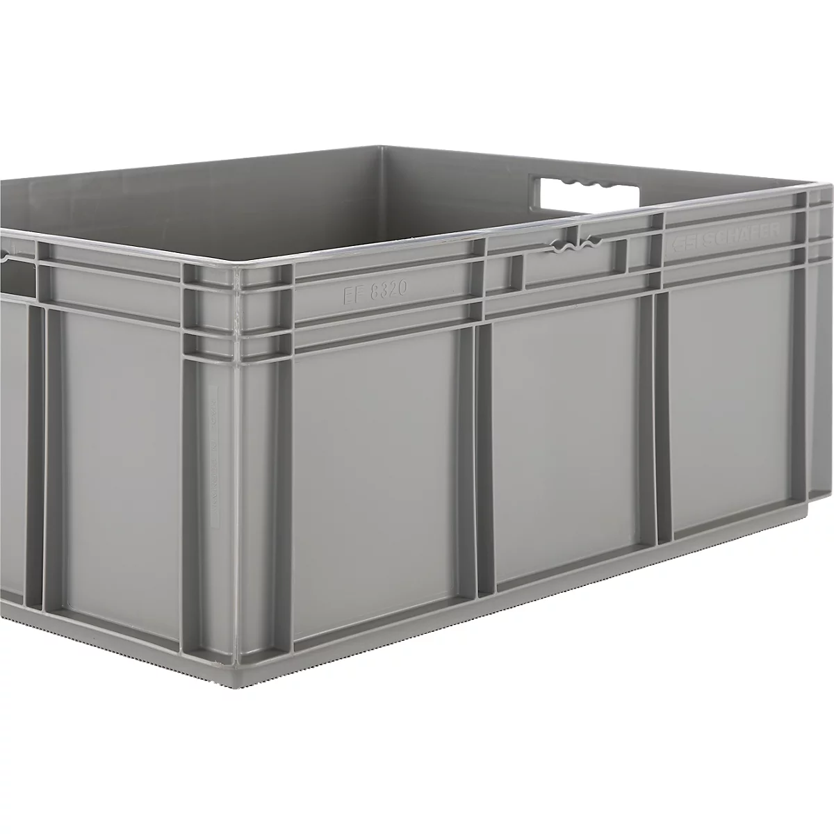 Graue Kunststoffbox, rechteckig, mit Griffen, seitlich offen.