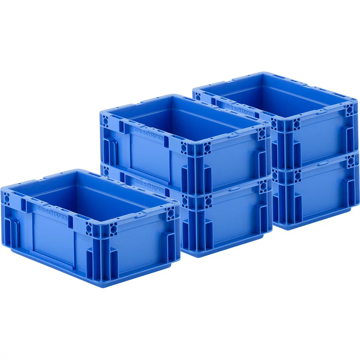 Blaue Kunststoffboxen, gestapelt und nebeneinander. Klare Formen, leuchtende Farbe, neutraler Hintergrund.