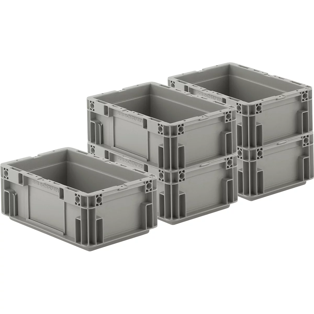 Boîtes en plastique grises, partiellement empilées, sans contenu.