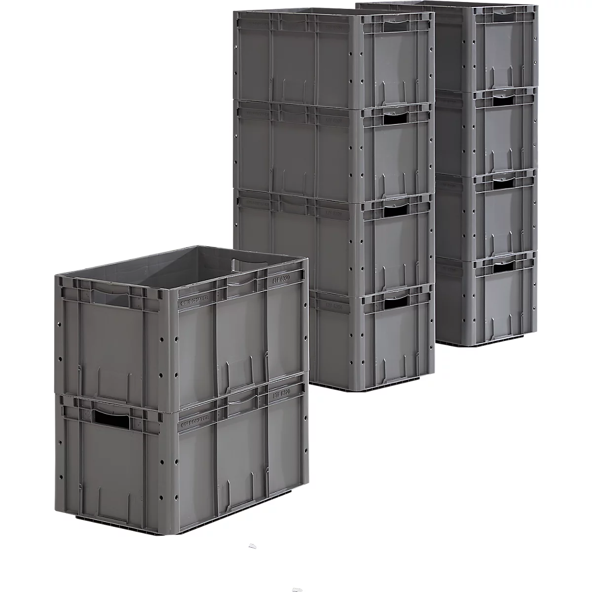 Gray plastic containers, stacked. Crates with handles and ribbed design.