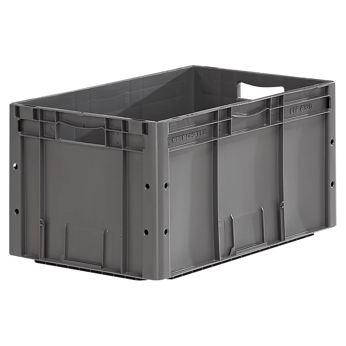 Gray plastic box, with handle openings on the sides.