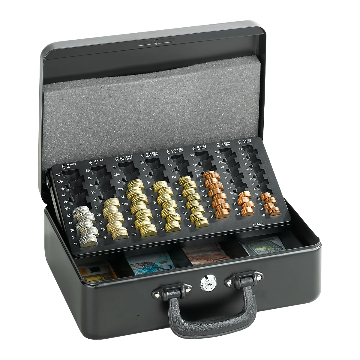 Opened black cash box with coins and banknotes. Top coin compartments with € 2, € 1, € 0.50, € 0.20, € 0.10 and € 0.05.