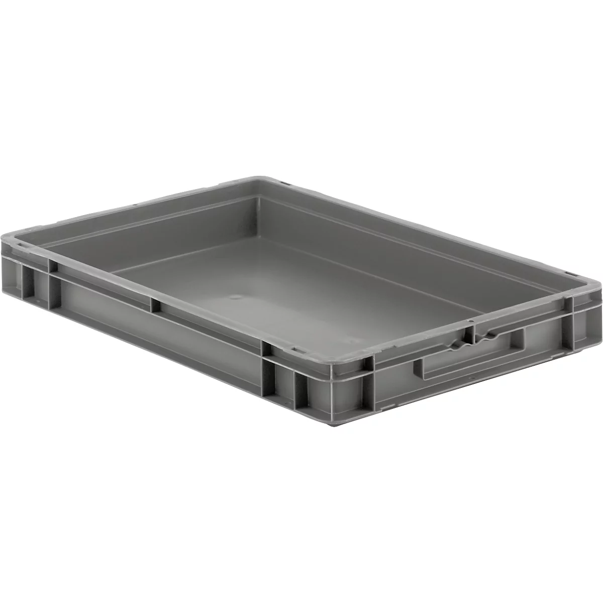 Gray plastic box with rectangular shape, recessed handles and raised edge. It stands on a white background.