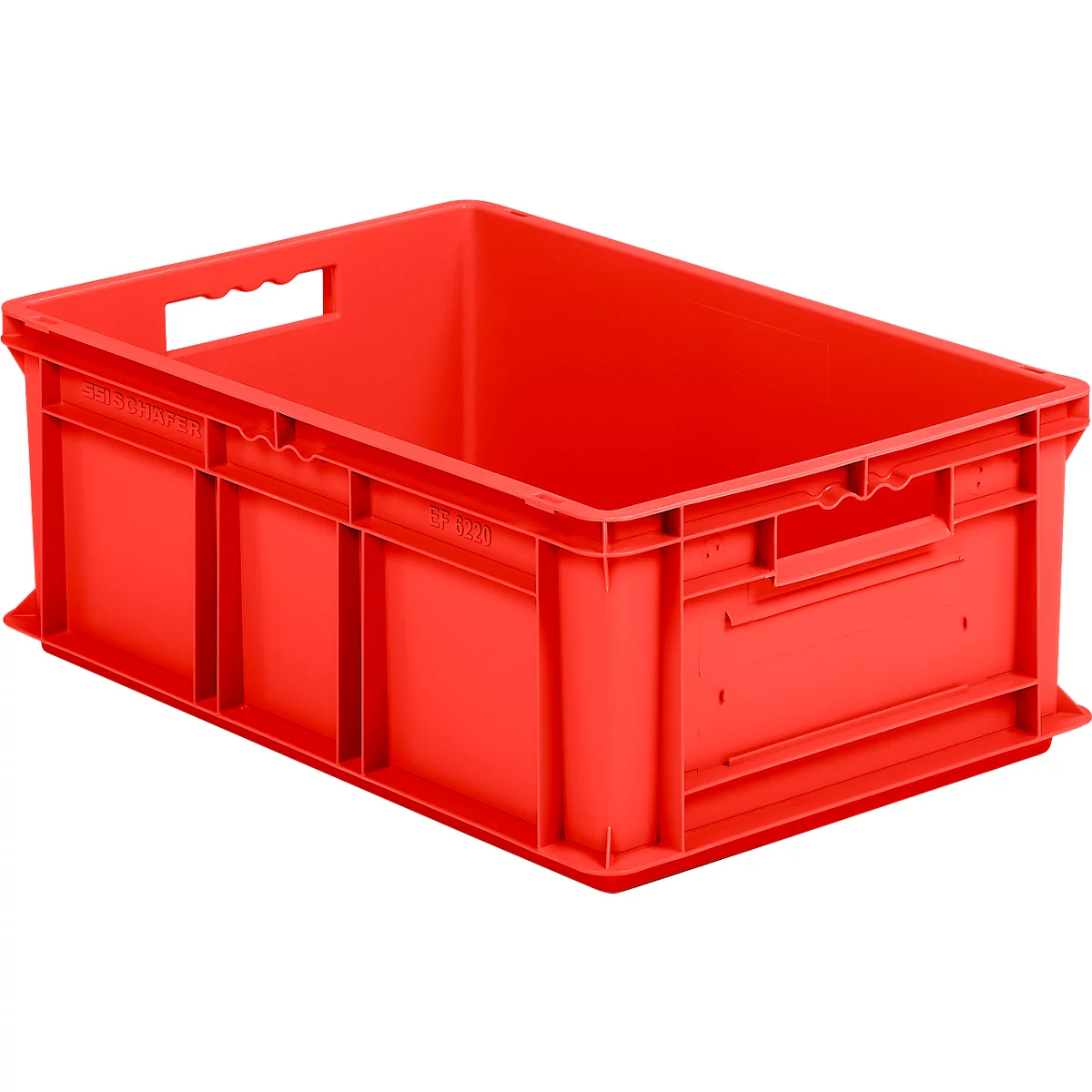 Red plastic crate with handles and reinforcements. Empty inside.