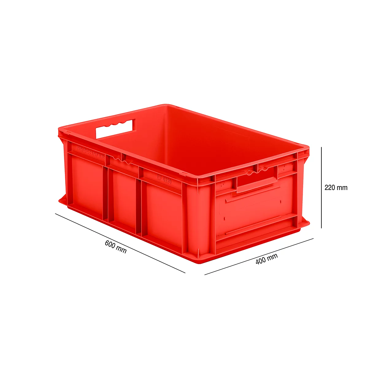 Red plastic box with dimensions 600mm x 400mm x 220mm.