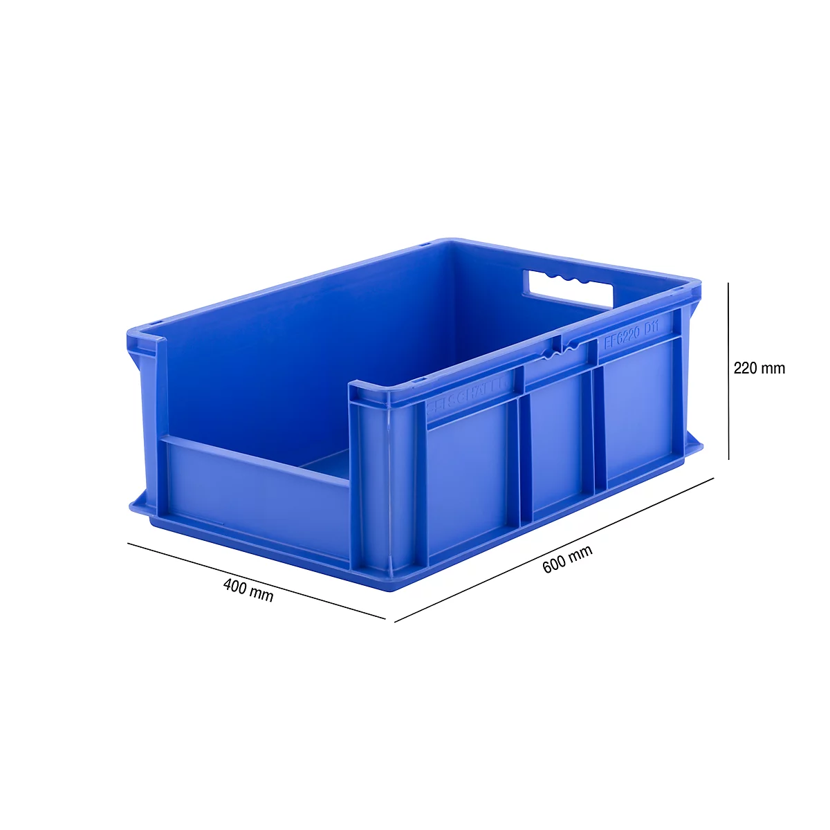 Blue plastic box with handle openings and dimensions: 400 x 600 x 220 mm.