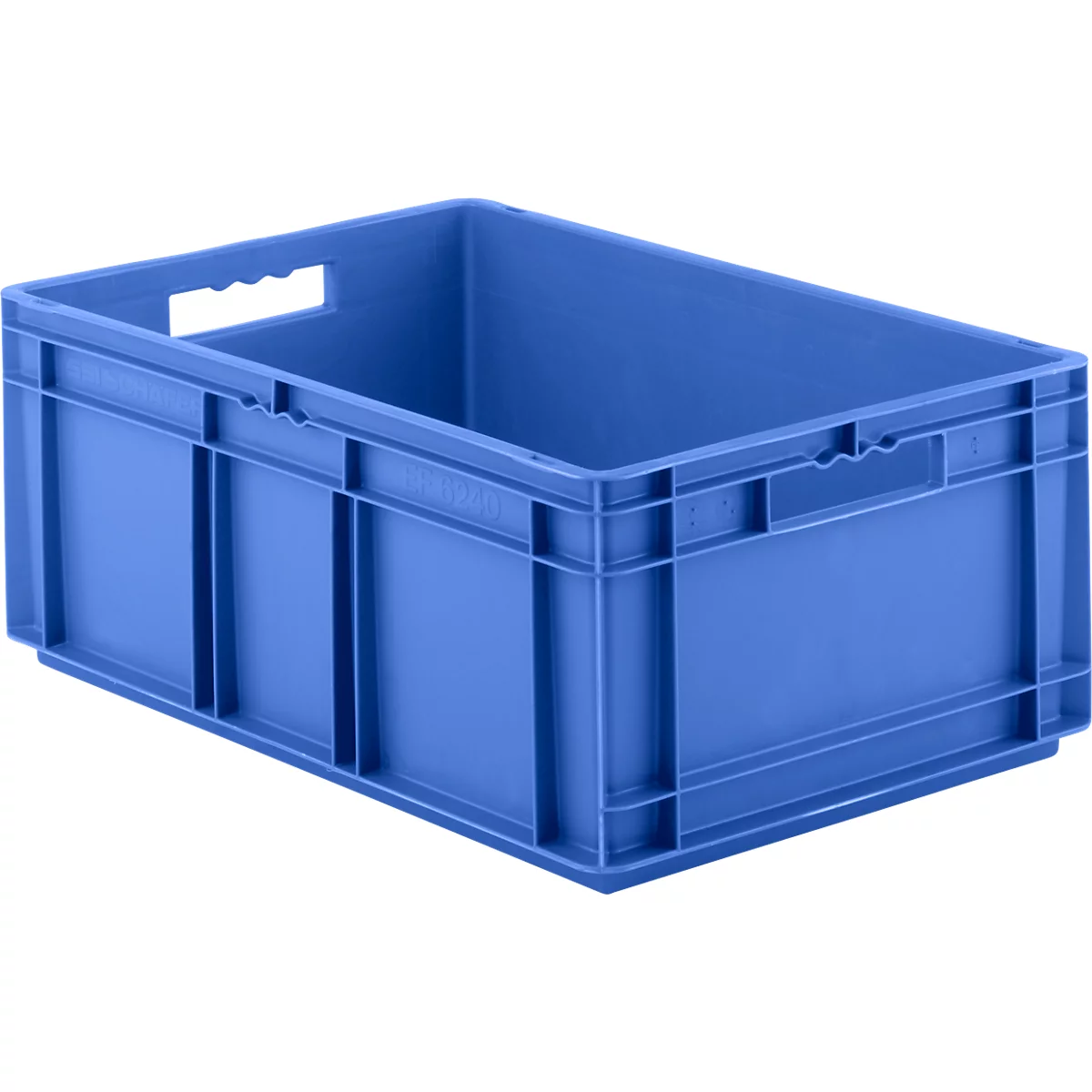 Blue plastic box with handles. It stands on a white background. Edges and sides are stabilized by struts.