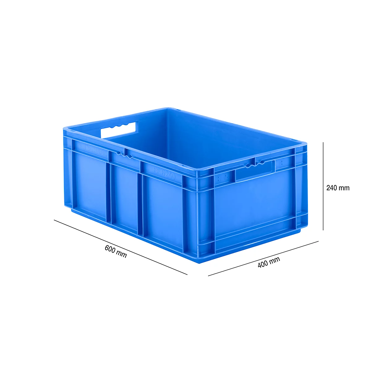 Blue plastic box with handles and dimensions. 600x400x240 mm.