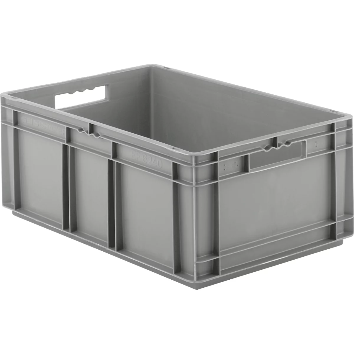 Gray plastic box with handles. Rectangular, open, stackable.
