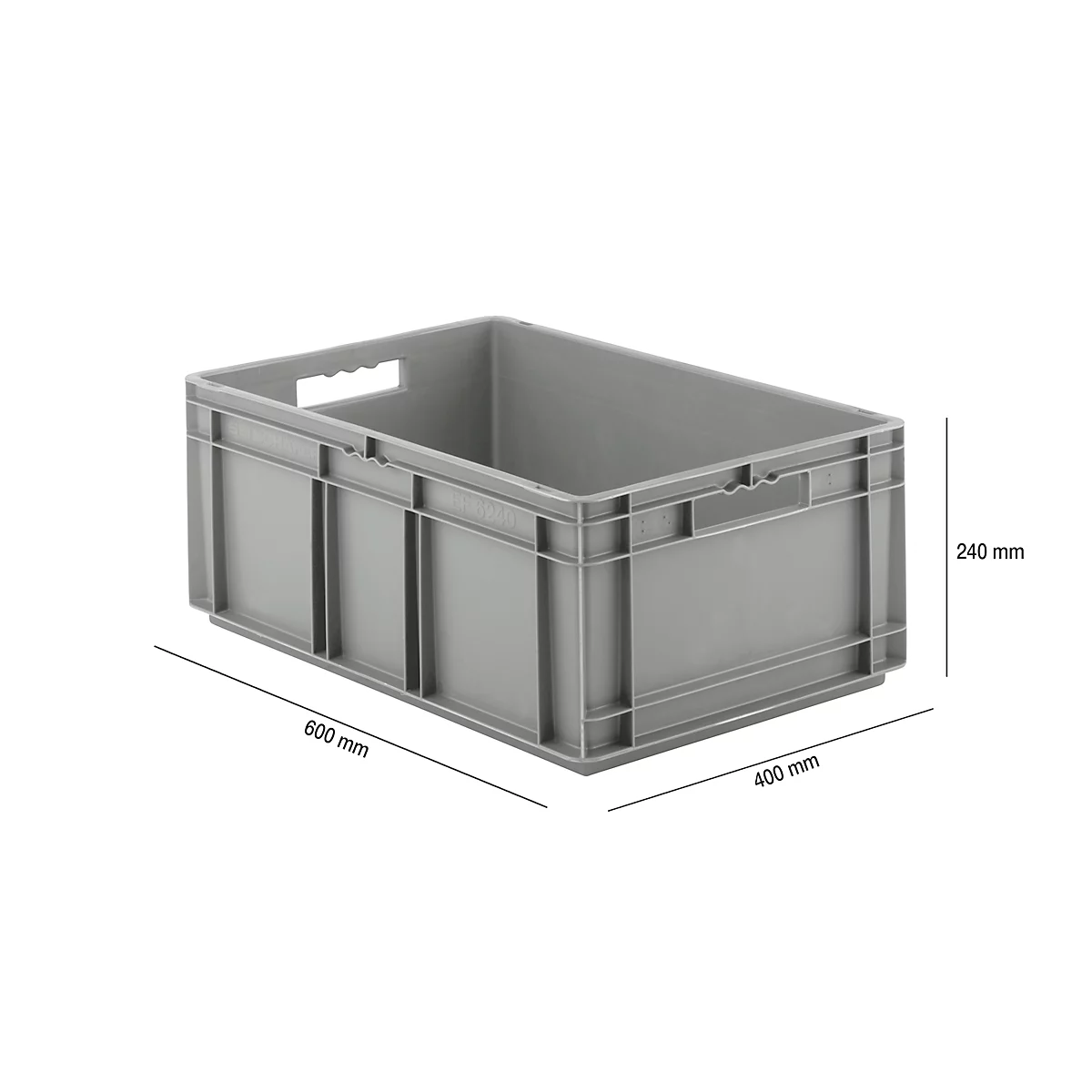 Grey plastic box with handle openings and dimensions: 600 mm, 400 mm, 240 mm.