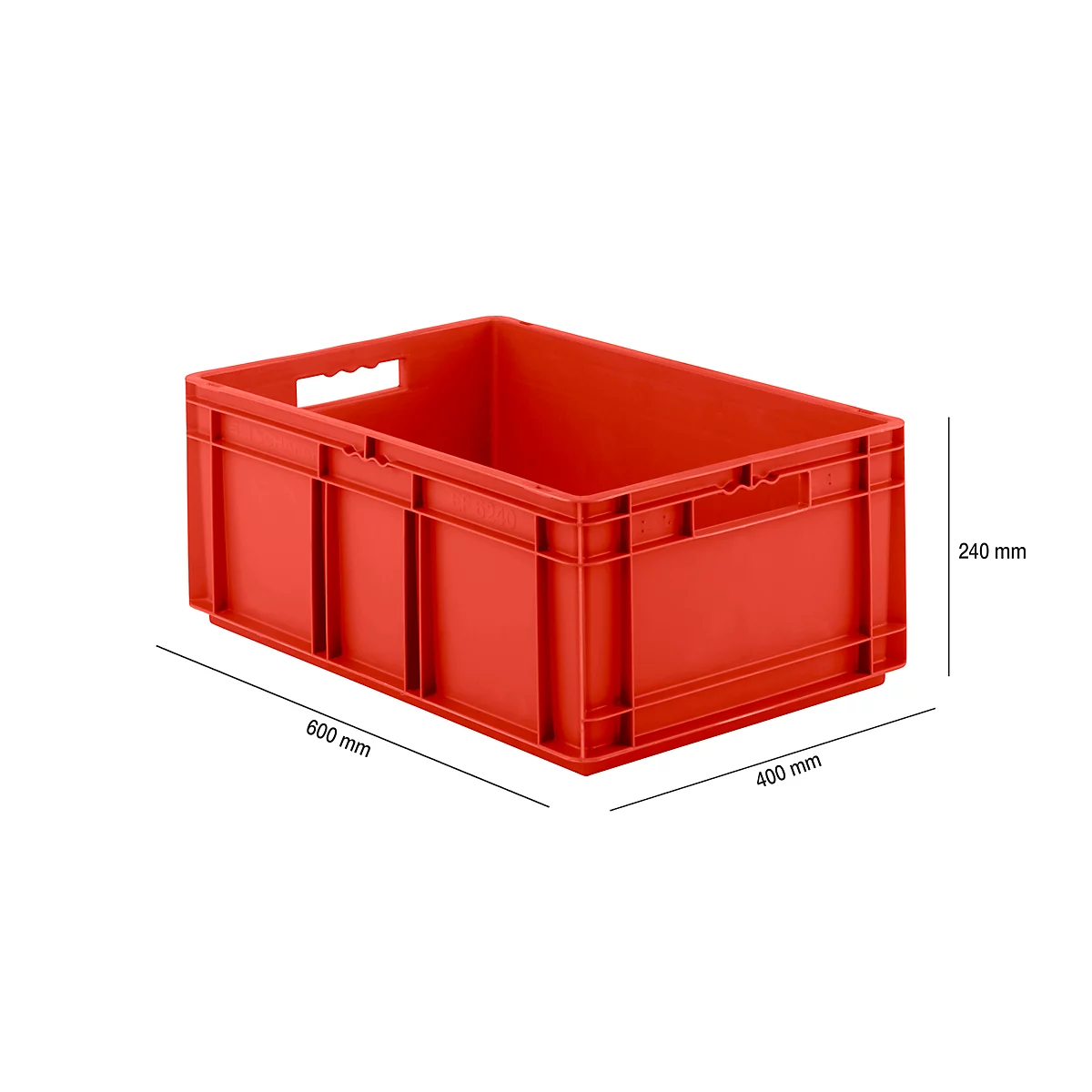 Red plastic crate with handles and dimensions. 600mm x 400mm x 240mm.