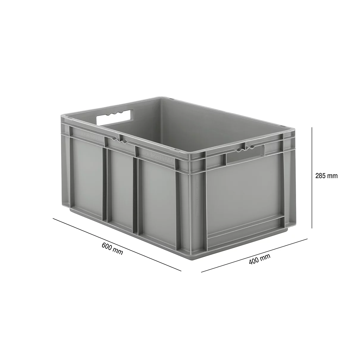 Gray plastic box with handles and dimensions: 600 mm x 400 mm x 285 mm.