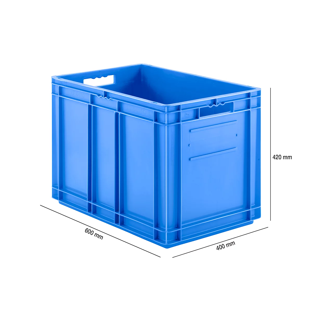 Blauwe plastic box met handgrepen en afmetingen: 600 mm x 400 mm x 420 mm.