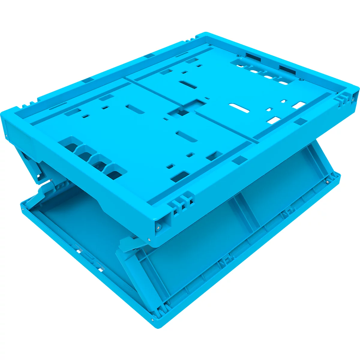 Hellblaue, zusammenklappbare Transportbox, teilweise aufgeklappt.