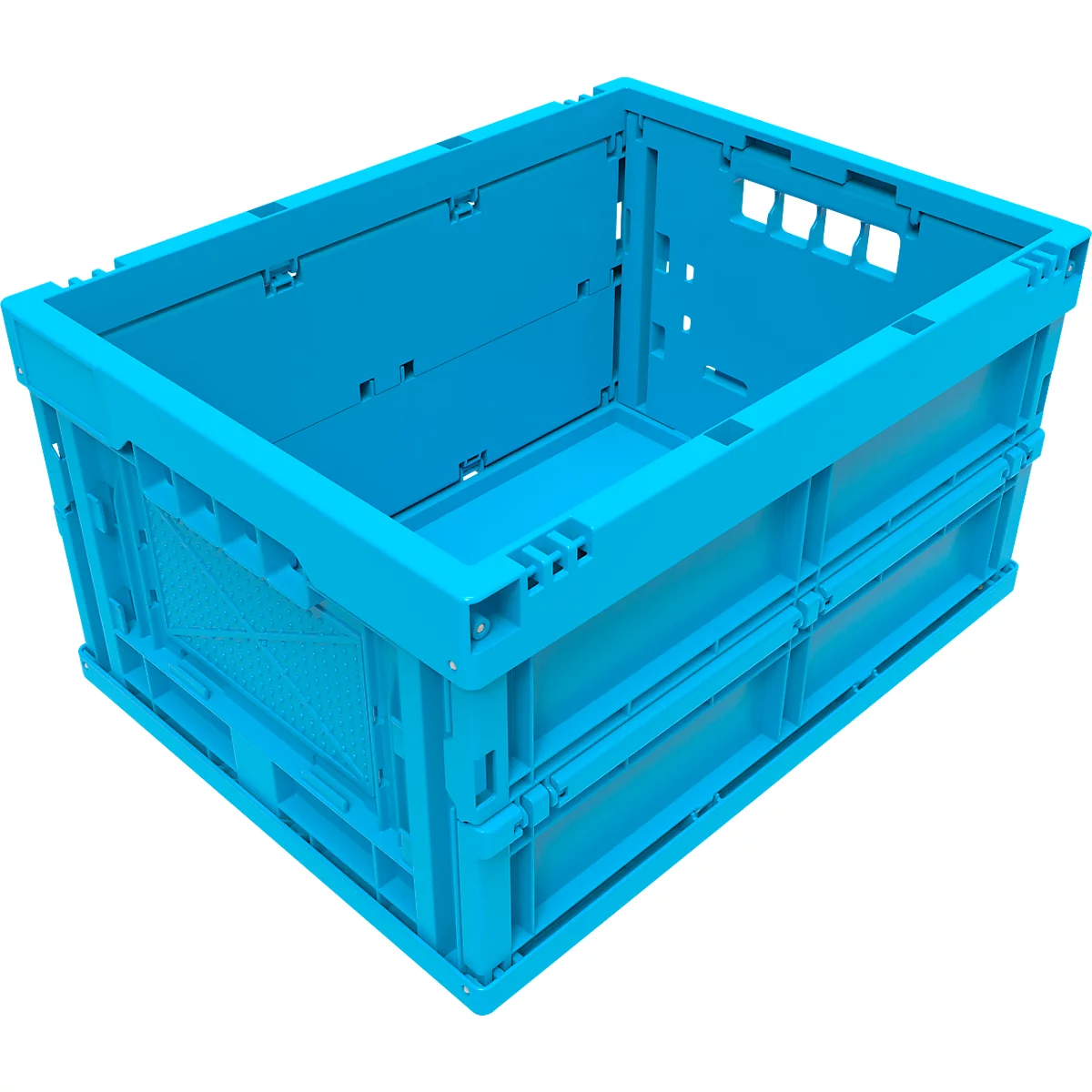 Lichtblauwe, open plastic krat. Zijkanten zijn opgevouwen en gedetailleerd.