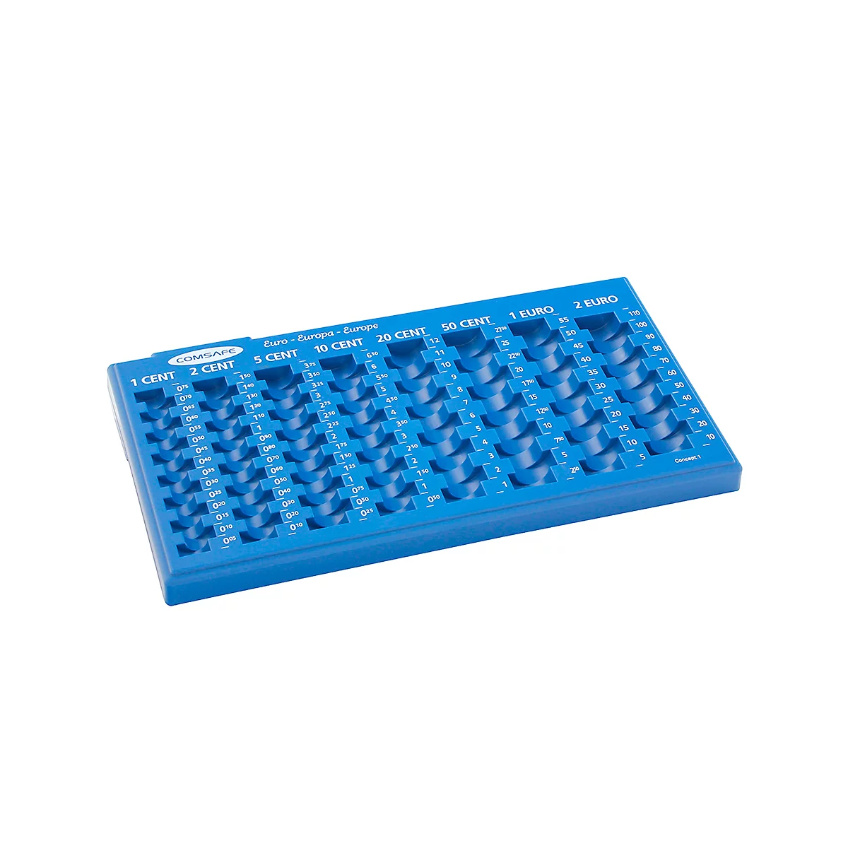 Blue coin sorter for Euro coins with different slots for cent and euro coins.
